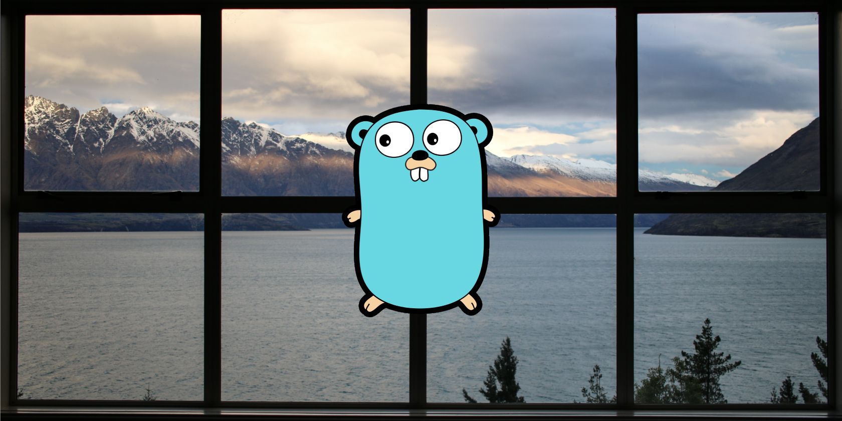 Go's blue gopher mascot superimposed in front of a window, through which a mountainous landscape is visible.