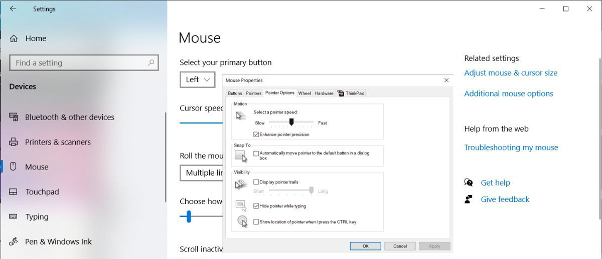 Turn off the mouse's snap on feature in Windows 10