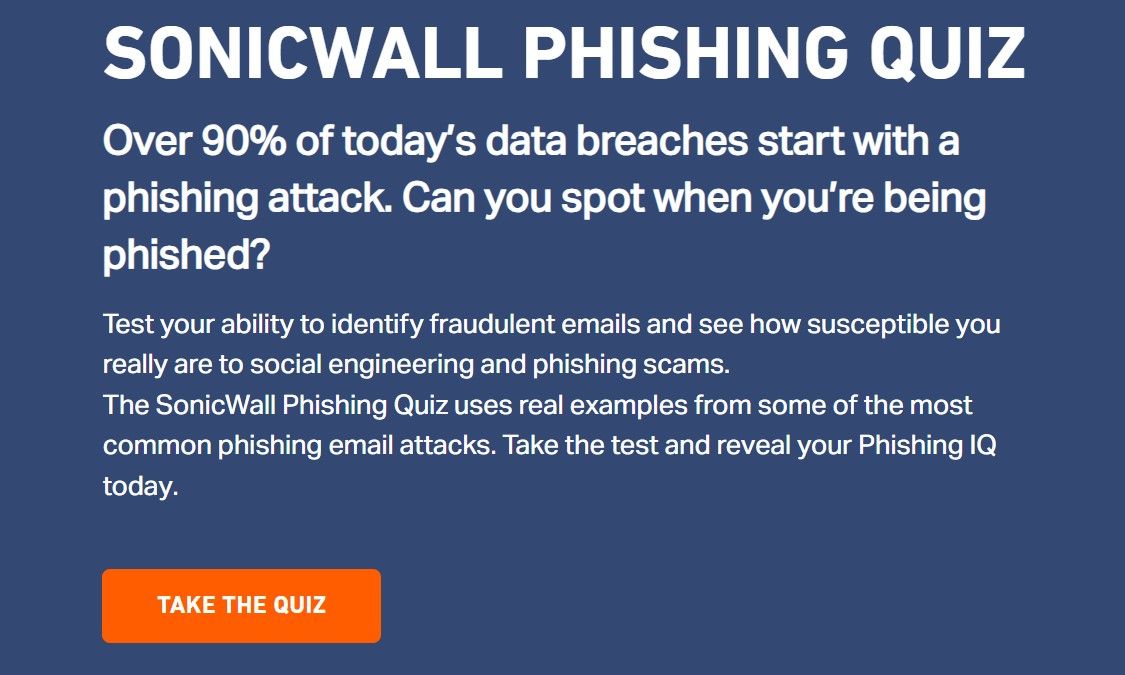 Screenshot of the SonicWall phishing quiz