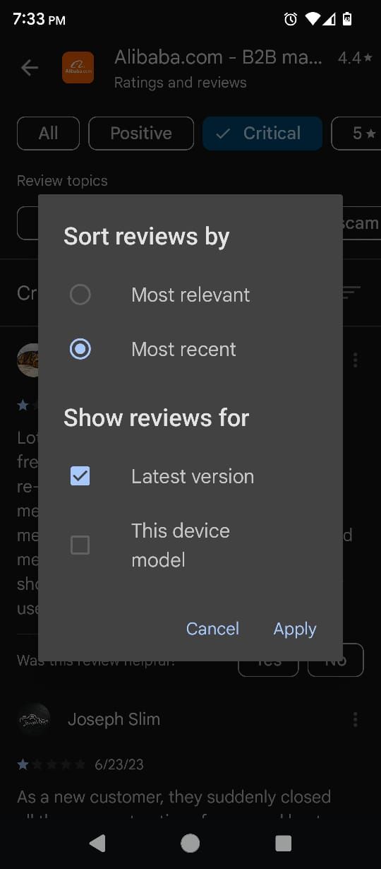 Sorting the reviews on Google Play