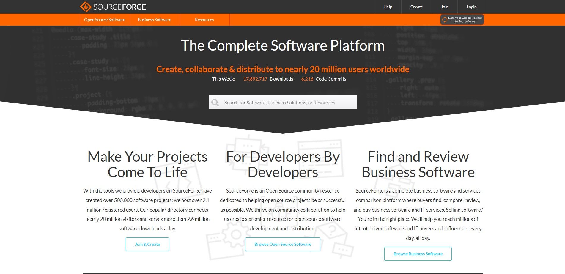 Interface do site SourceForge