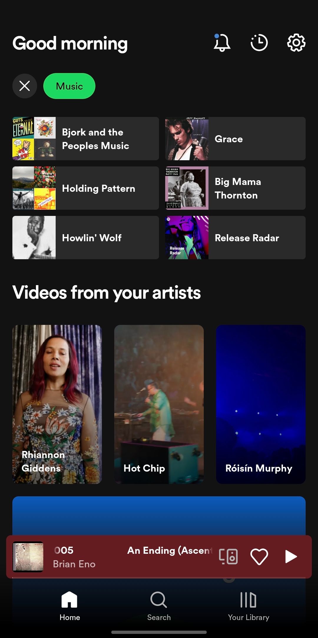 اسکرین شات موبایل از فید موسیقی برنامه Spotify