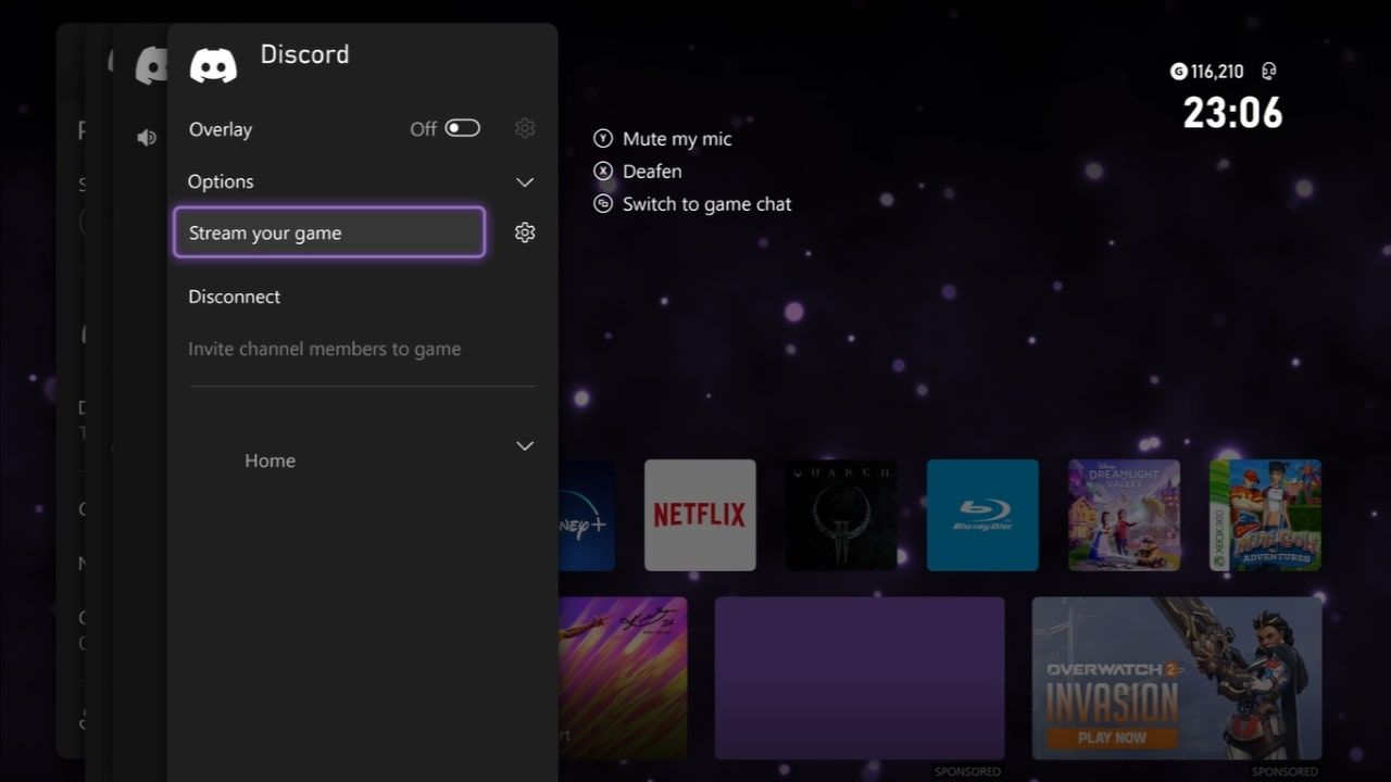 تصویری از گزینه های منوی راهنما برای کانال صدای Discord در Xbox Series X