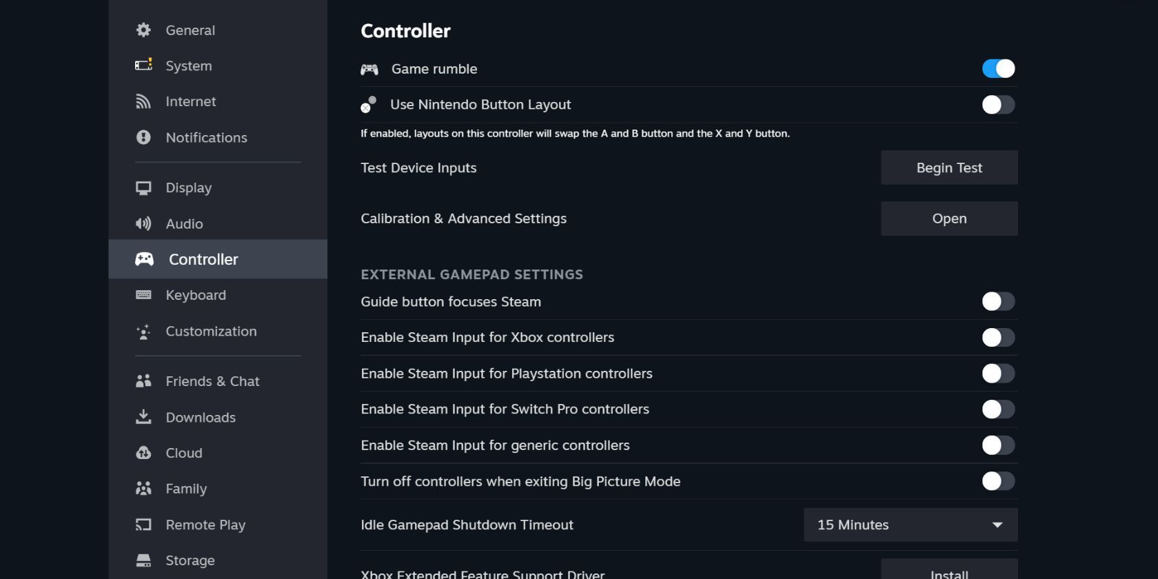 The controller settings menu in Steam Big Picture Mode
