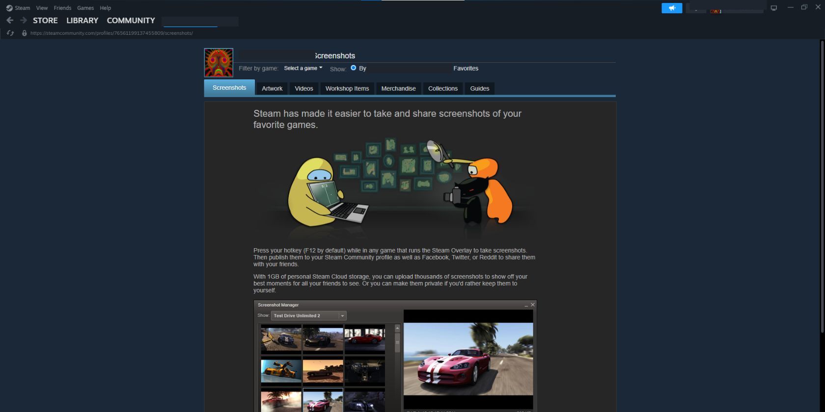 The Screenshots section on a Steam profile