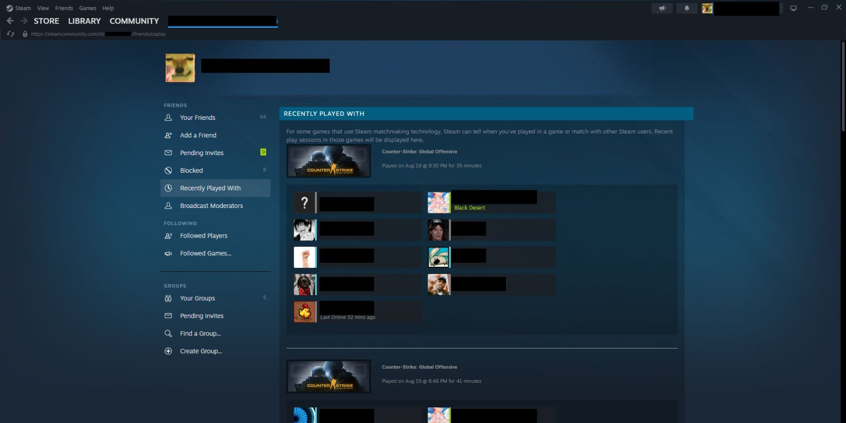 تب Recently Played With در برنامه دسکتاپ Steam