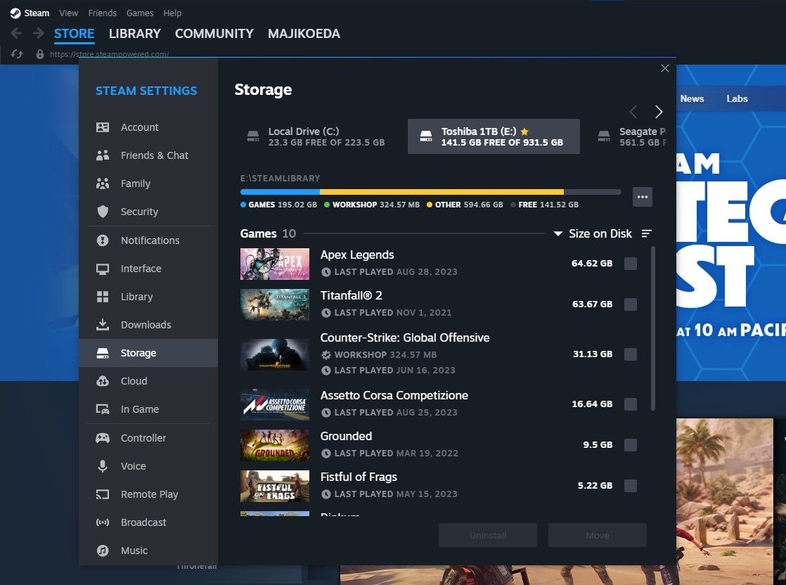 Steam Settings storage manager