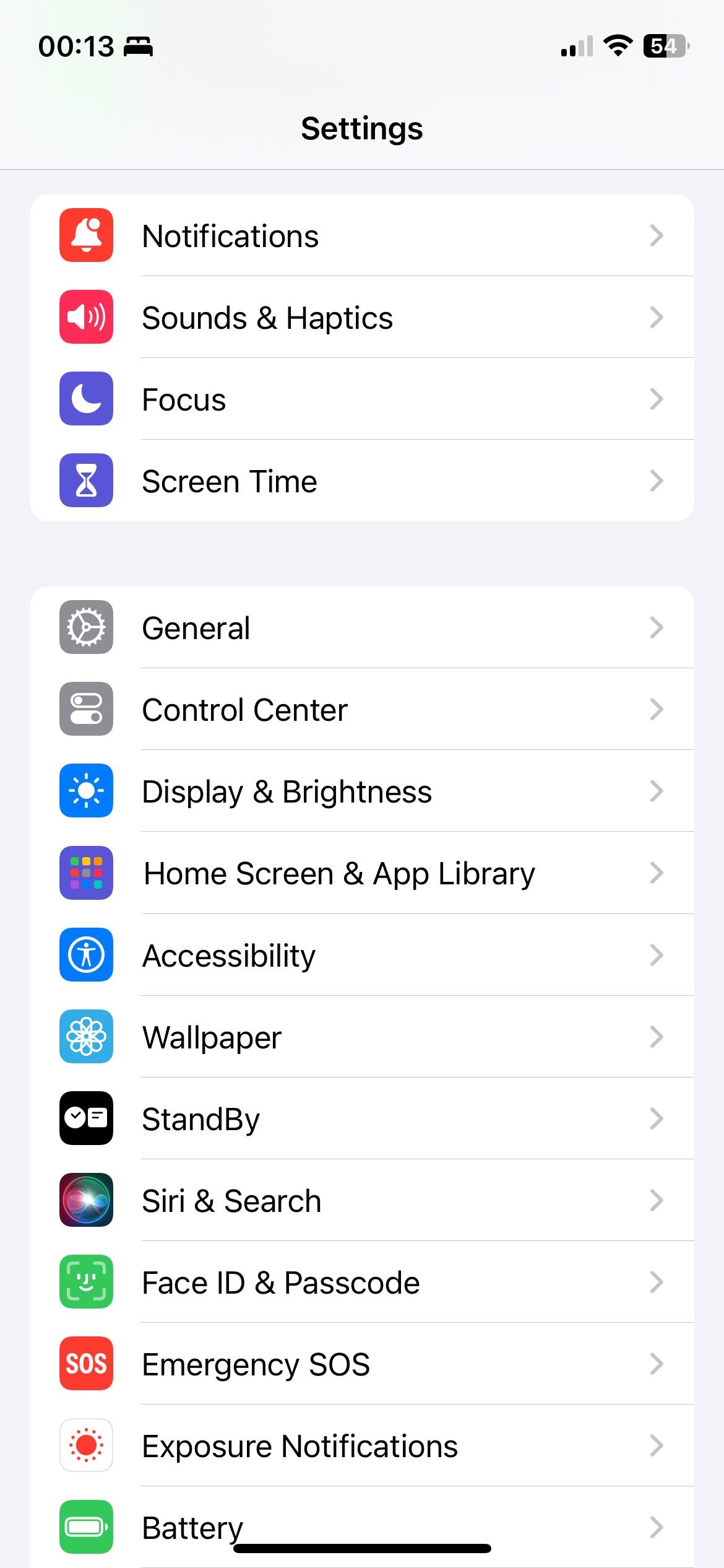 Main Screen in iPhone Settings App