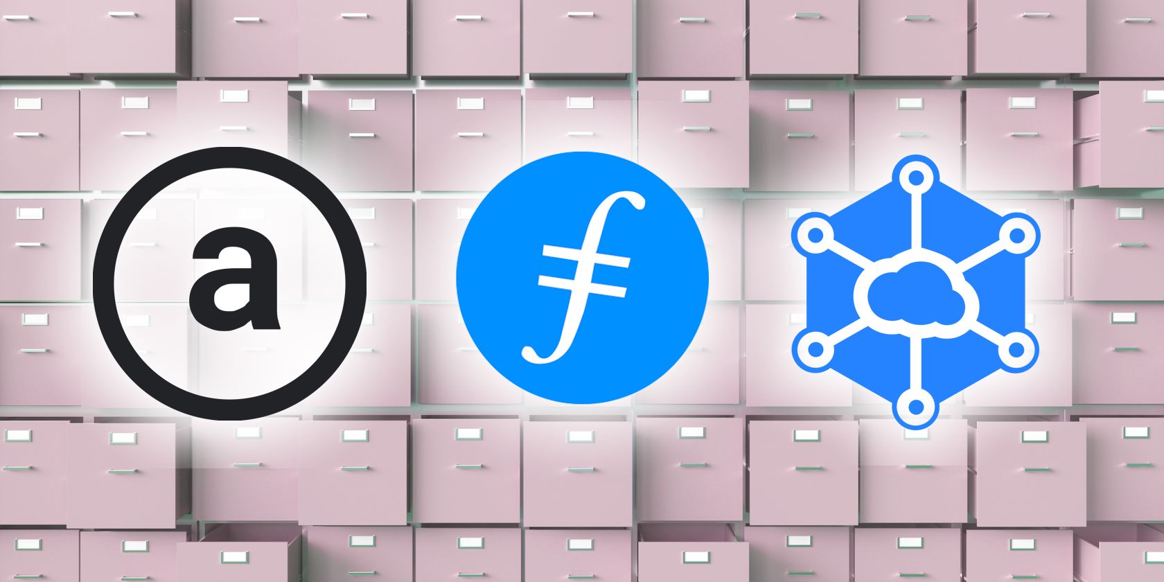 storj arweave filecoin logos with filing cabinet background feature