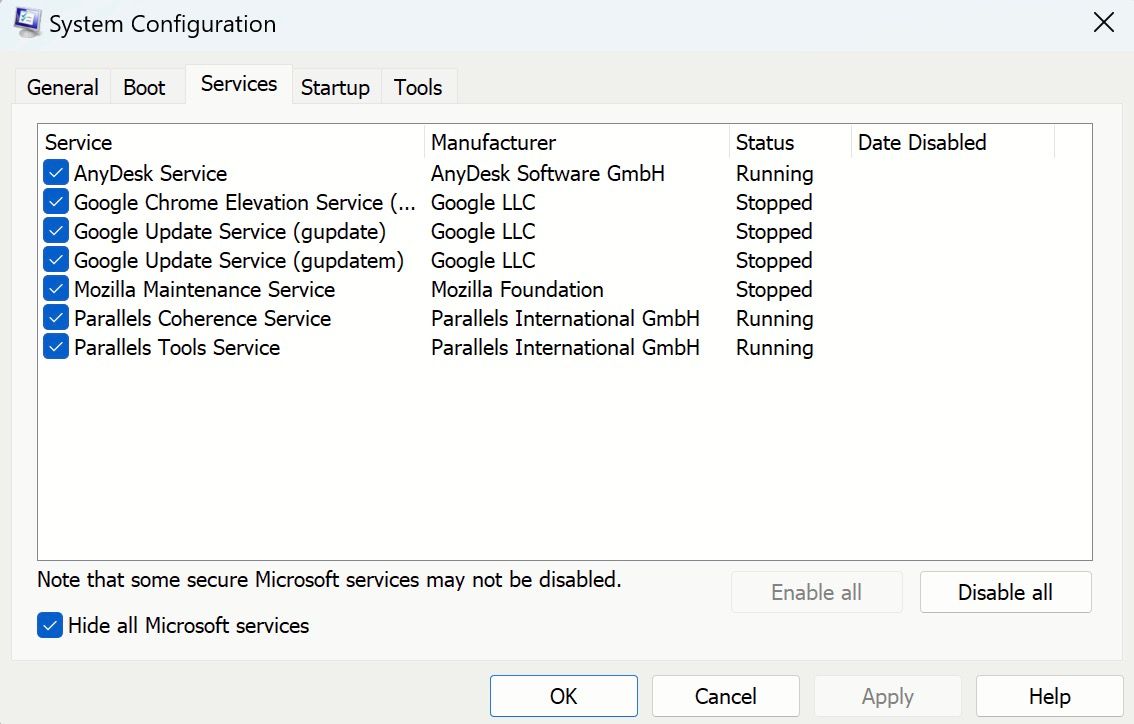 Services tab in the system configuration section