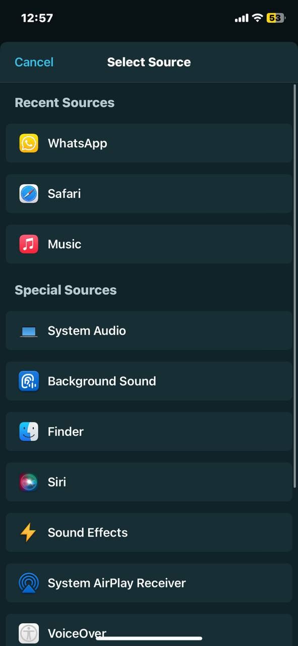 روی System Audio در صفحه Select Source در اپلیکیشن Airfoil Satellite در آیفون ضربه بزنید