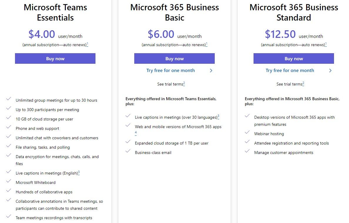 Microsoft Teams pricing plans