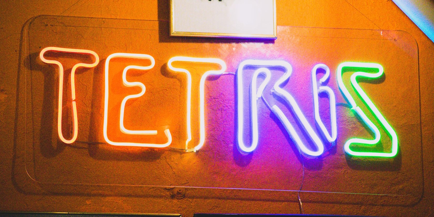 A neon lit Tetris sign