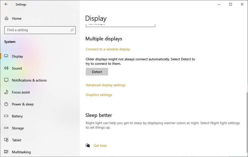 страница отображения в настройках Windows 10