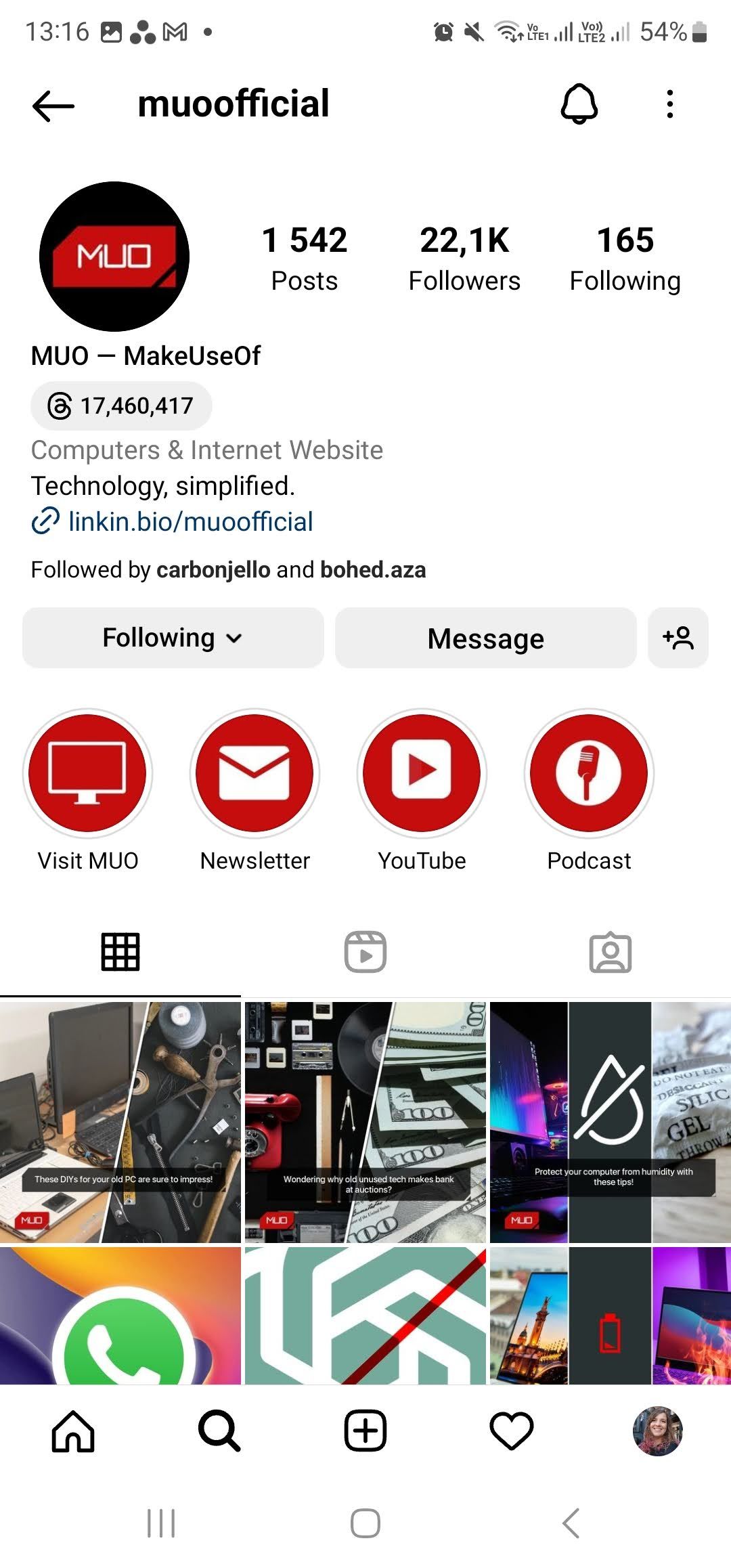 the makeuseof instagram account with a bell icon