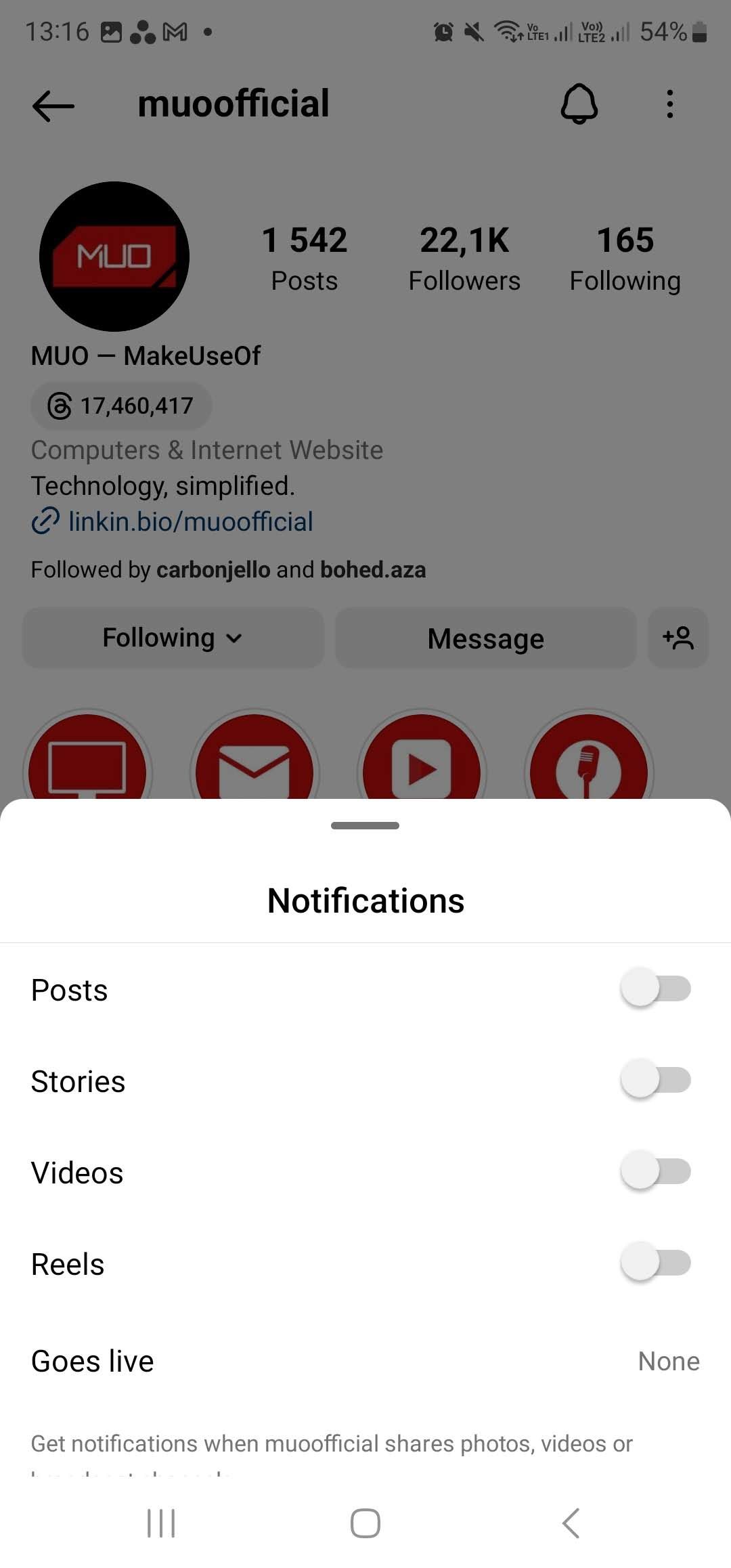 the notifications settings for an instagram profile