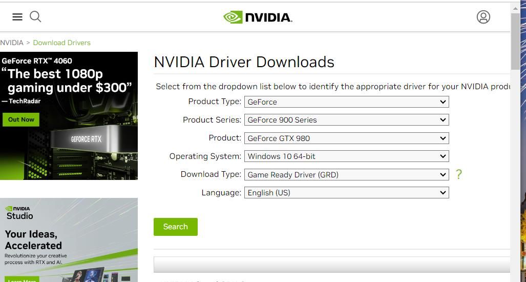 A página de download do driver NVIDIA