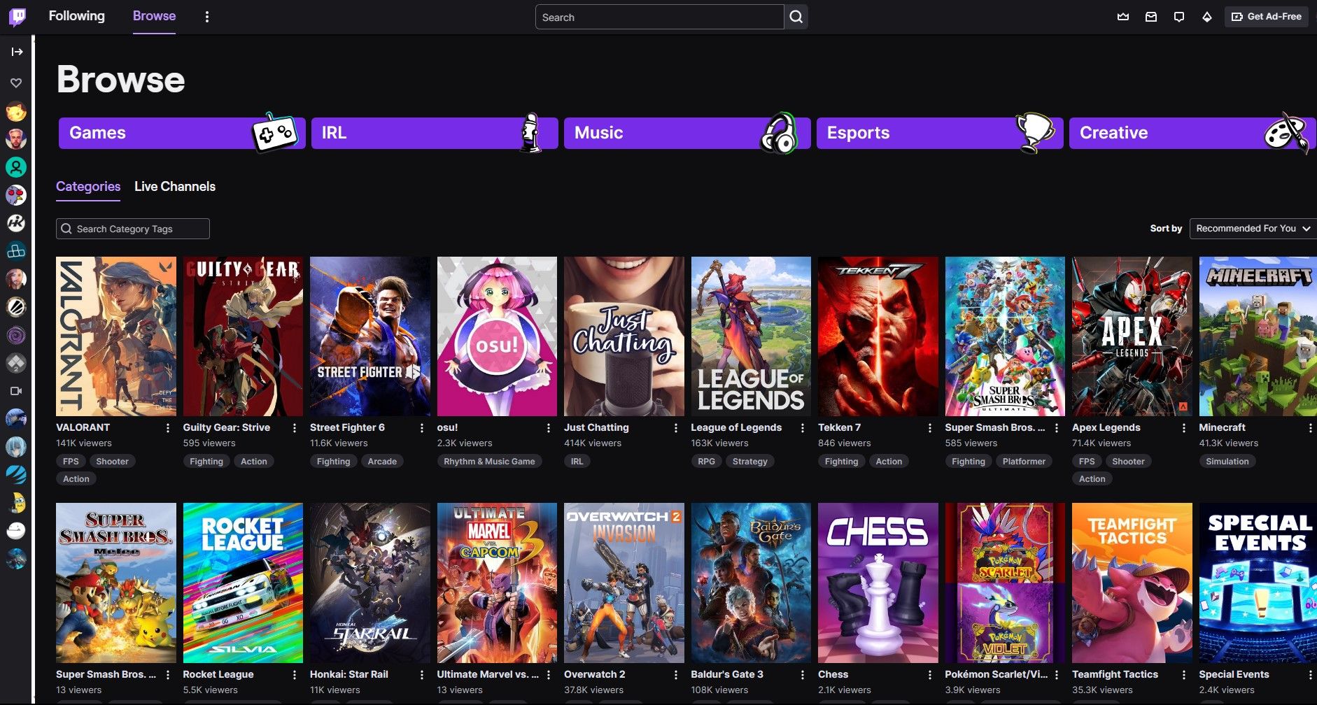 برگه دسته بندی های Twitch