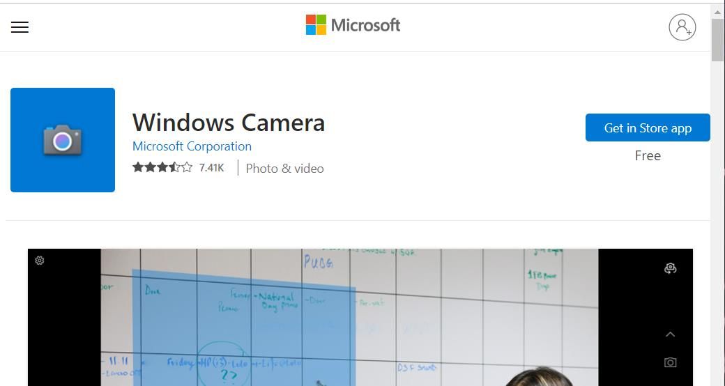 The Windows Camera app page on MS Store 
