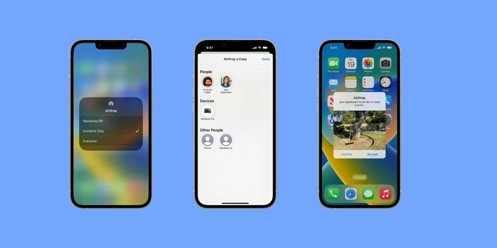 Three iPhones showcasing the AirDrop feature