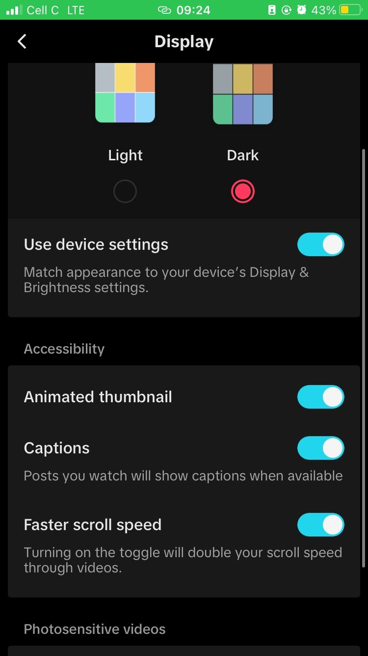 TikTok display settings on iOS app
