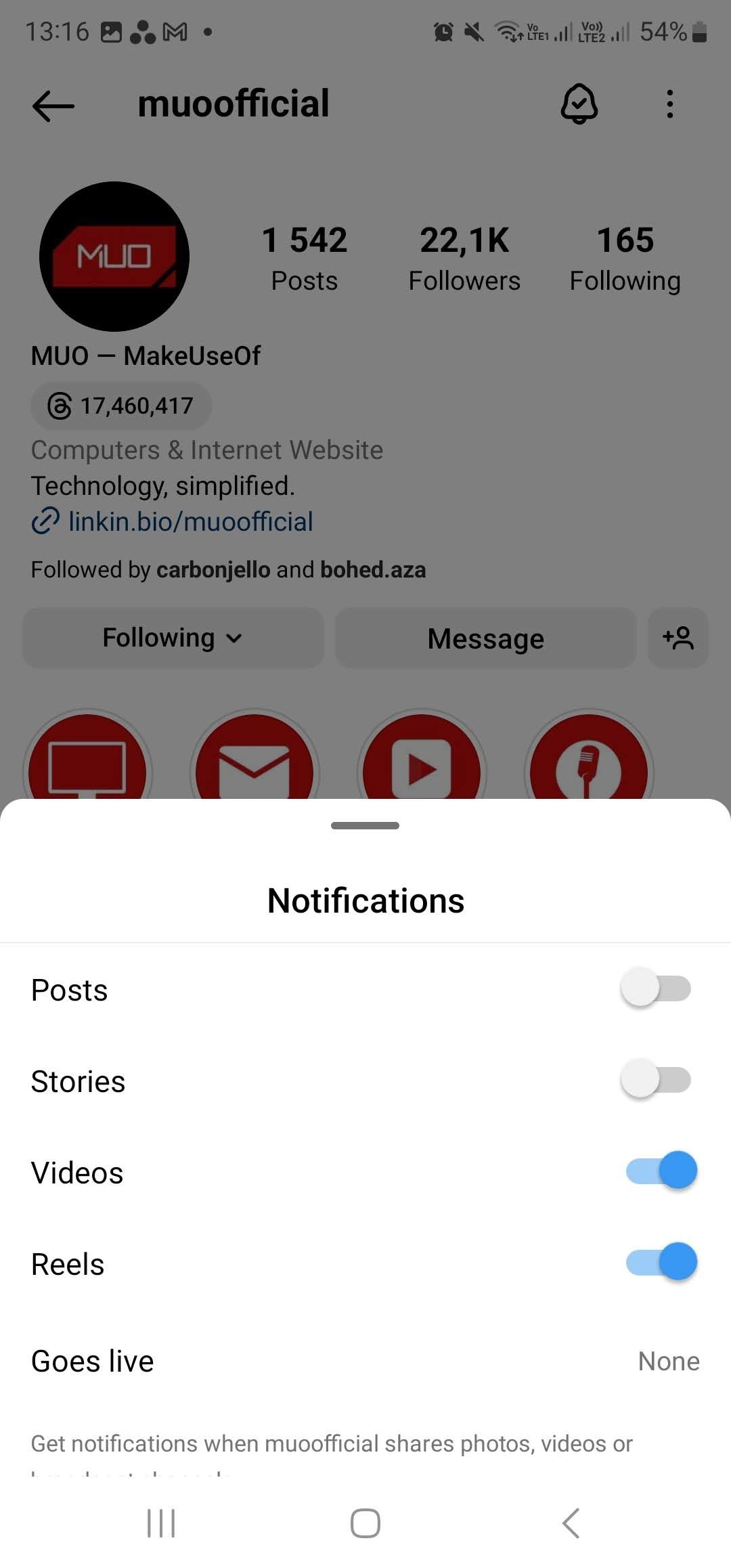 toggling different notifications on instagram