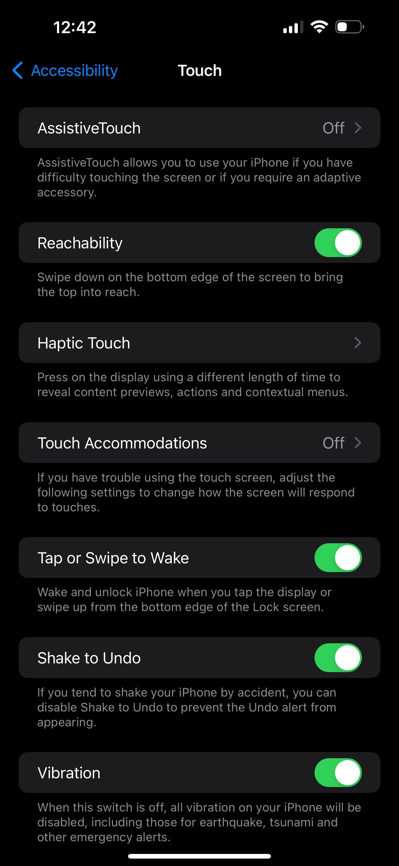 Touch Accessibility settings with Shake to Undo toggled on