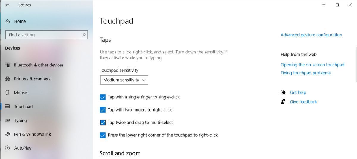 Check touchpad gestures in Windows 10
