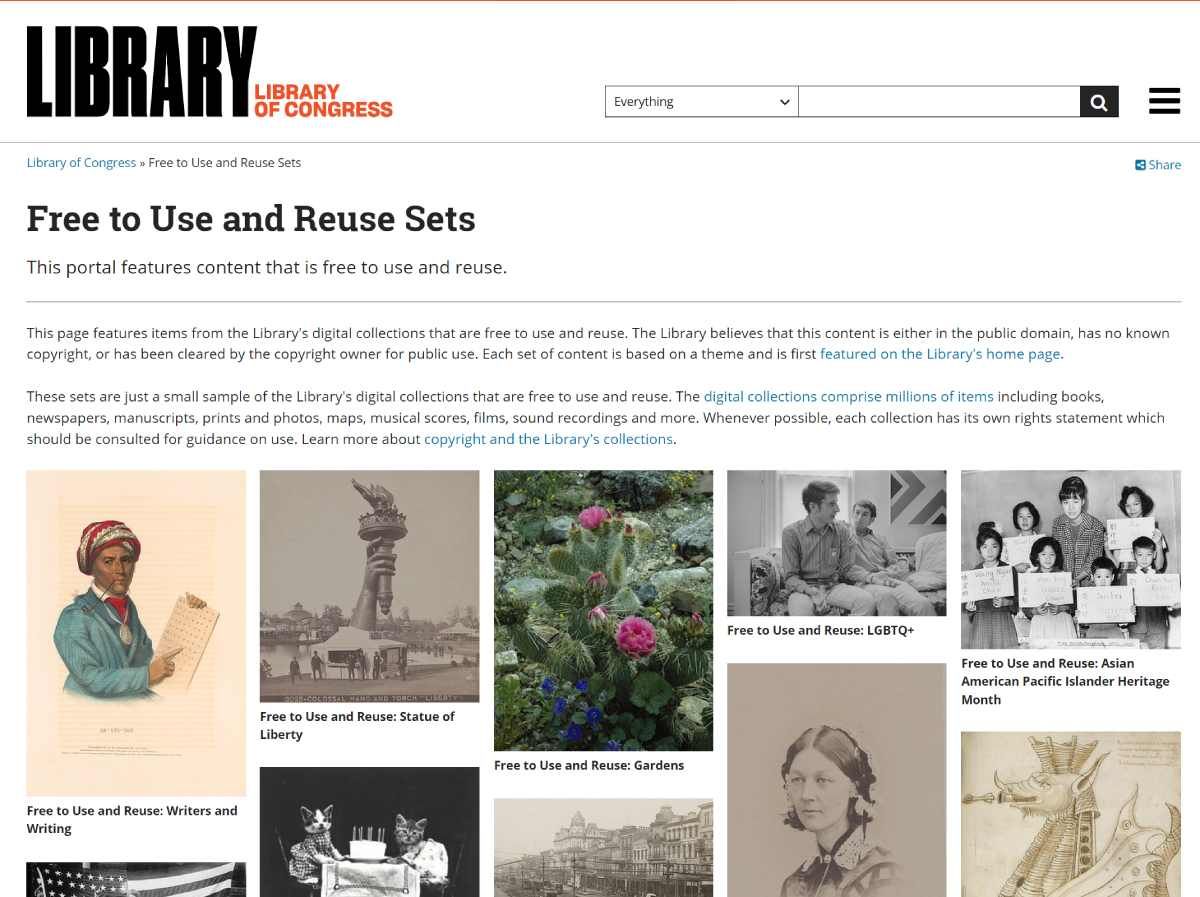 A seção de uso gratuito da Biblioteca do Congresso é uma mina de ouro de imagens livres de direitos autorais, principalmente históricas