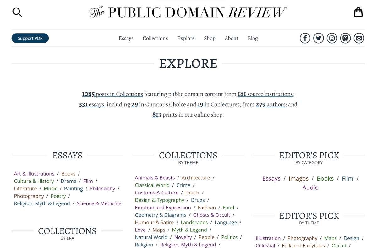 A Revisão de Domínio Público seleciona os melhores materiais disponíveis em domínio público e os categoriza ordenadamente para fácil exploração