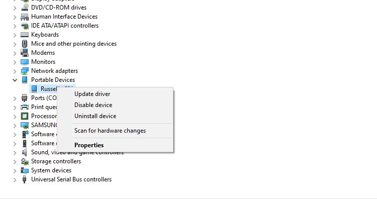 driver options in Windows device manager