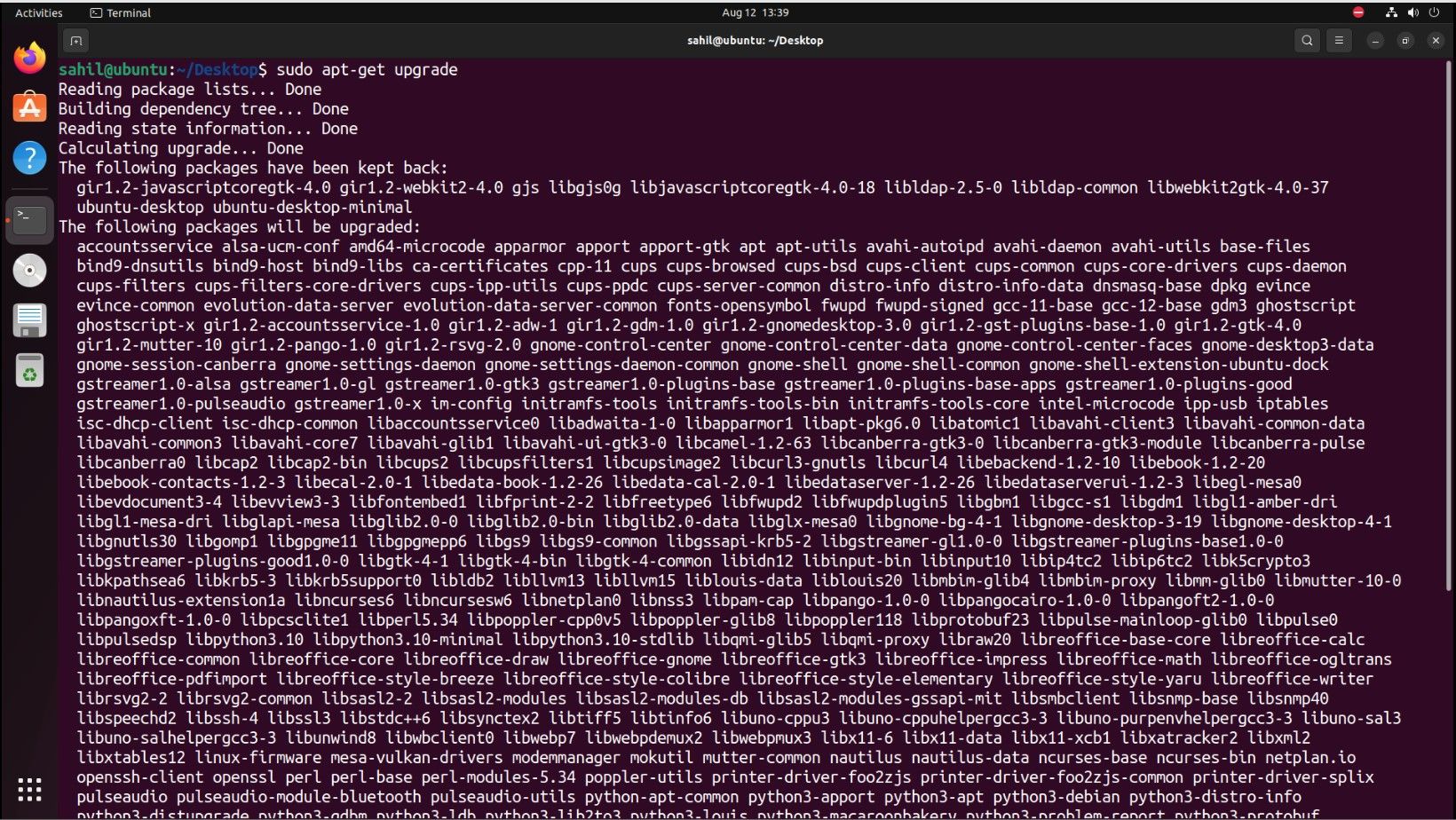 Ubuntu terminal window with package upgrade codes