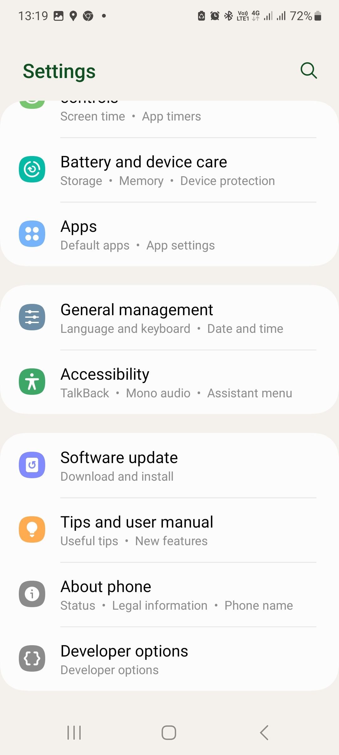 The settings menu on Android phone