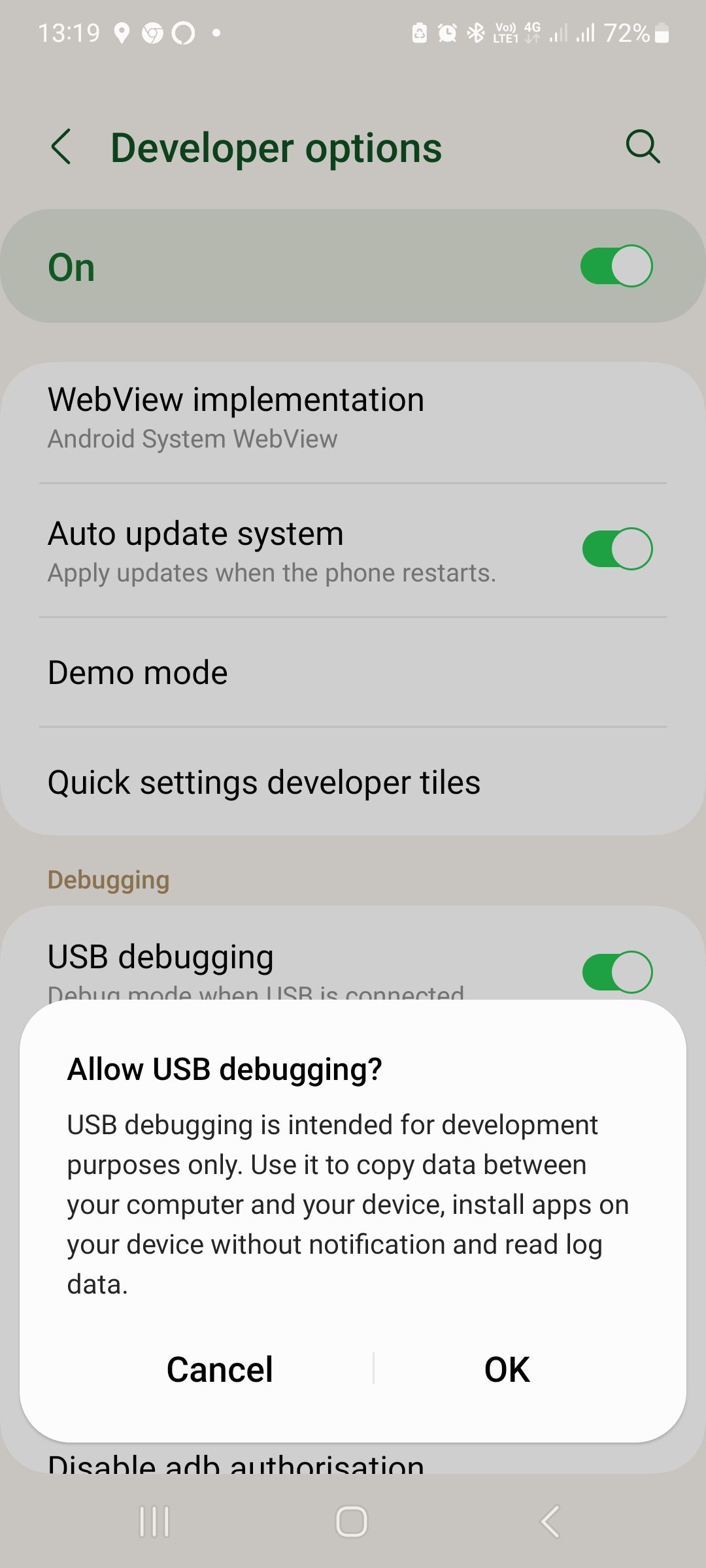 enabling USB Debugging in Android developer options