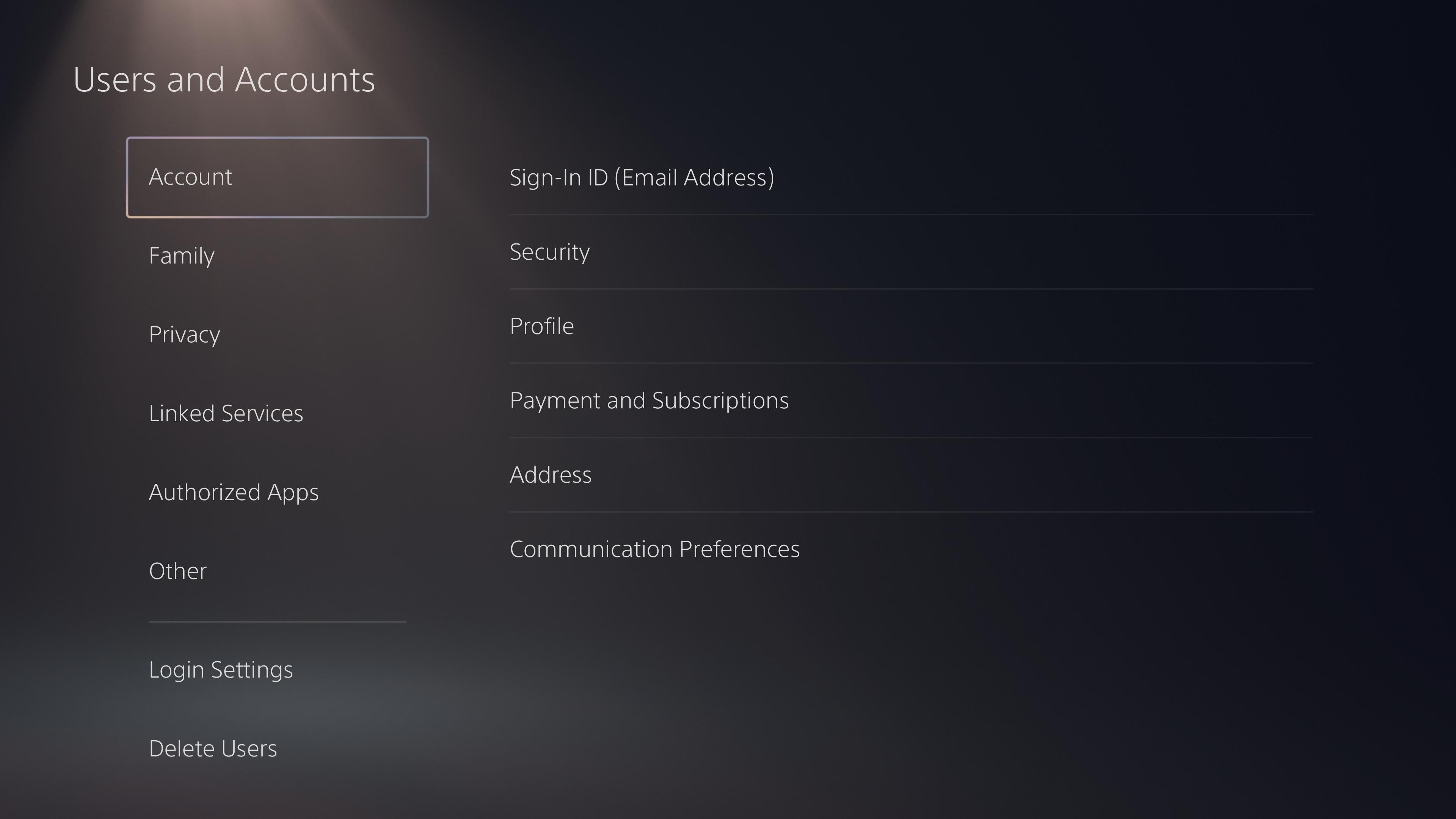 Section Utilisateurs et comptes des paramètres de PS5