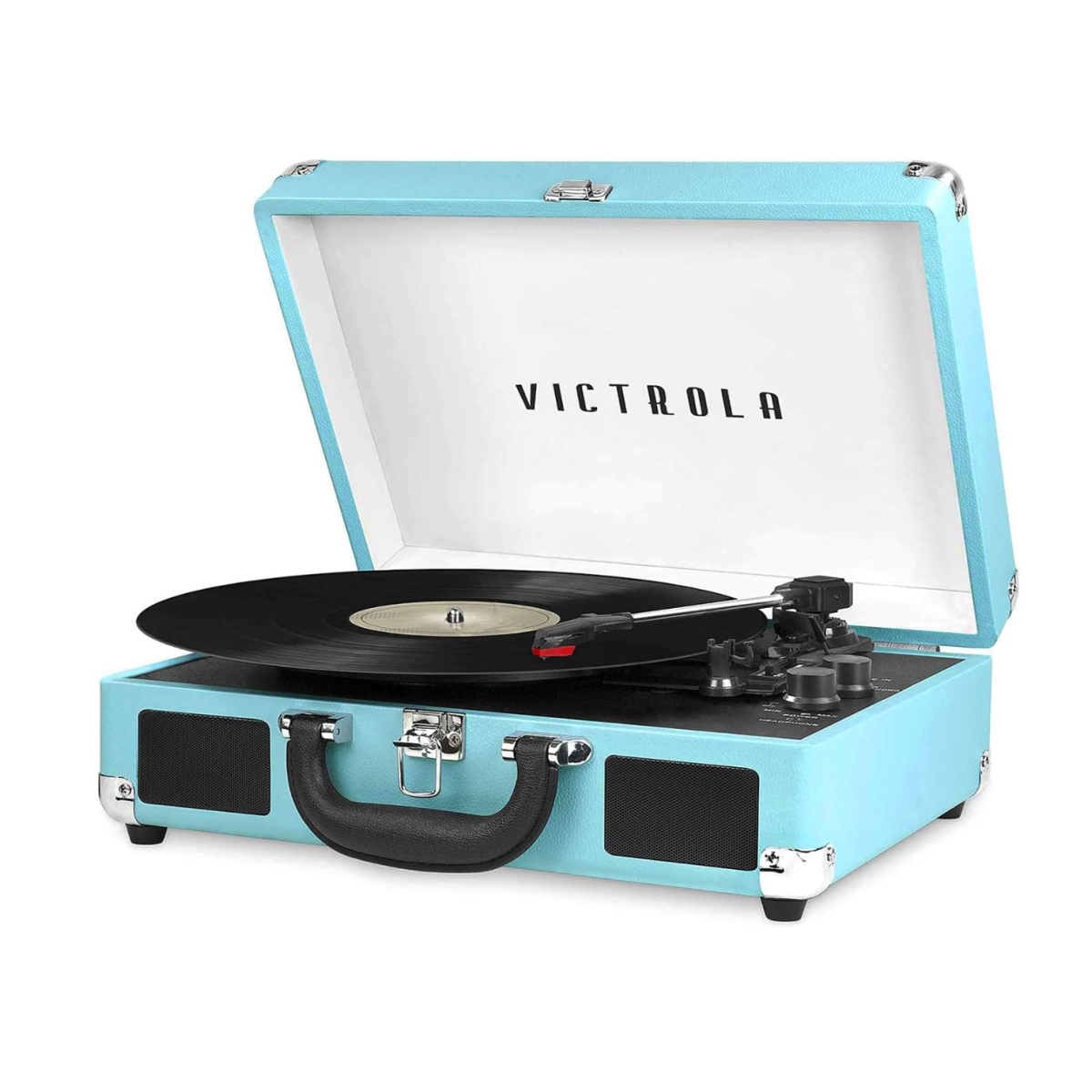 A turquoise Victrola Vintage Suitcase Turntable
