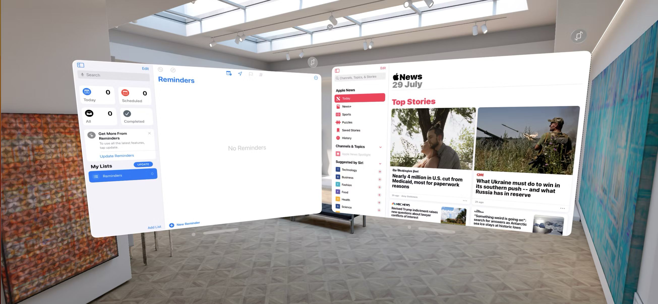 visionOS برنامه Apple News and Reminders را اجرا می کند