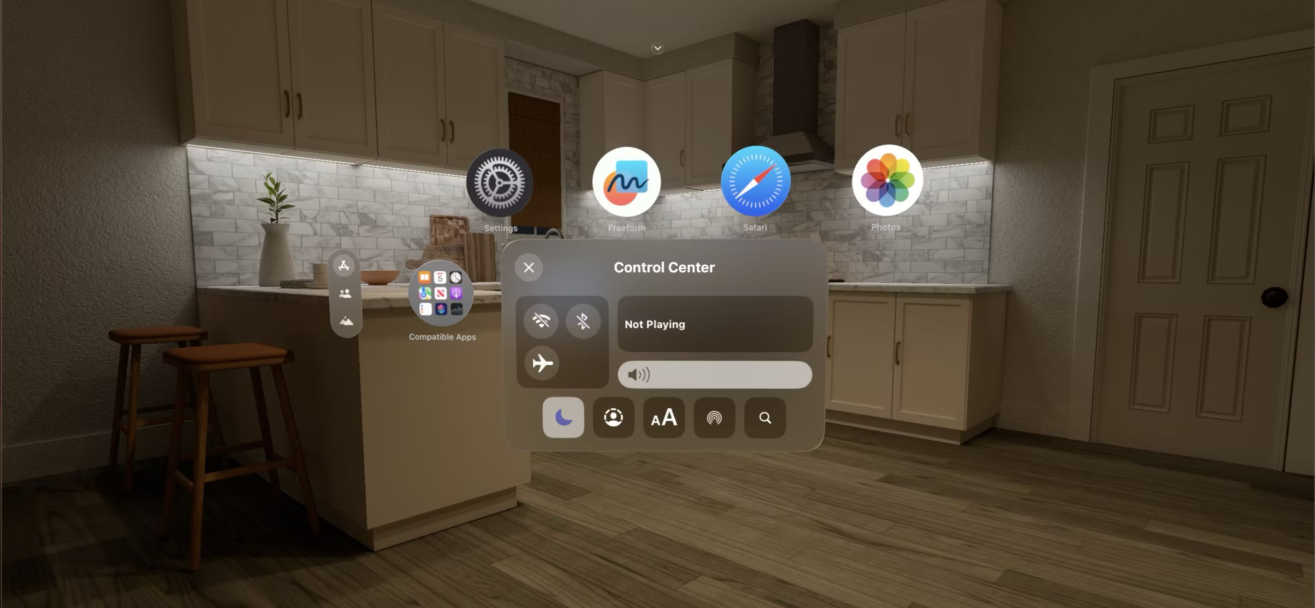 مرکز کنترل visionOS با گزینه‌هایی برای Wi-Fi، بلوتوث و غیره و چندین نماد برنامه در پس‌زمینه