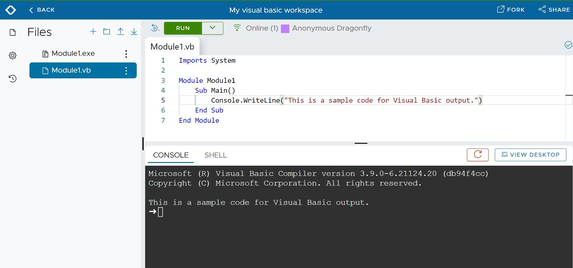 Trecho de um compilador de linguagem online mostrando código e saída do Visual Basic