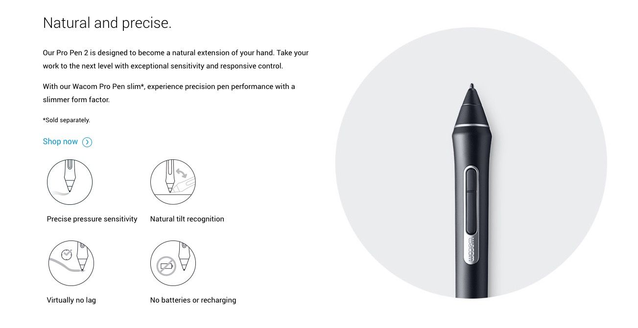 Capture d'écran des caractéristiques du stylo créatif Wacom Intuos Pro