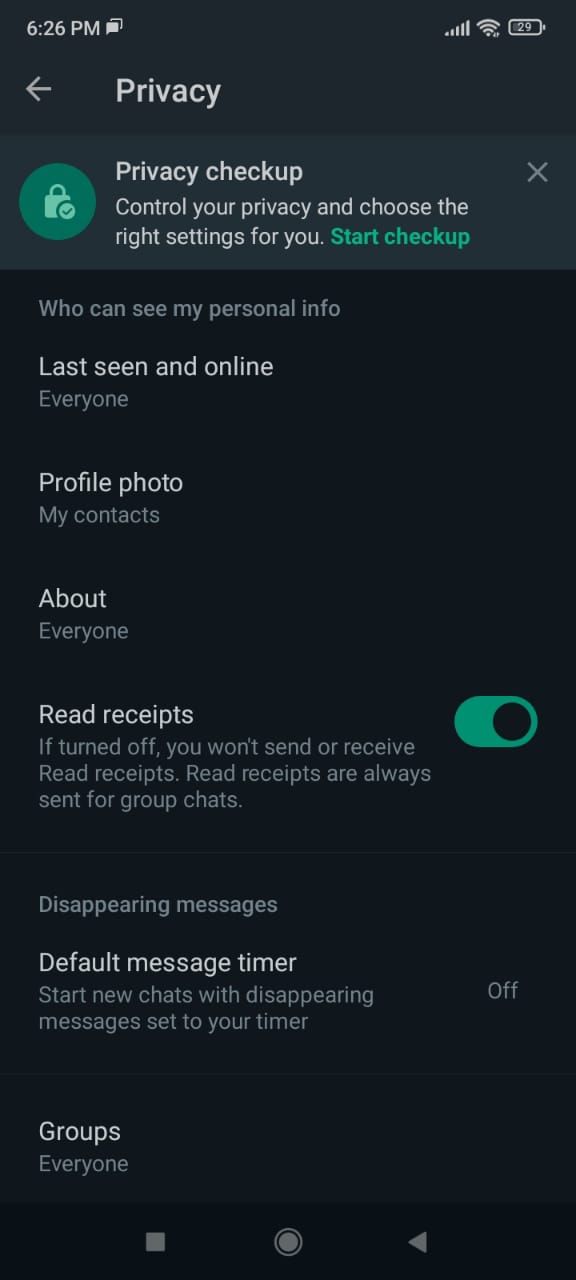 تنظیمات حریم خصوصی WhatsApp Android