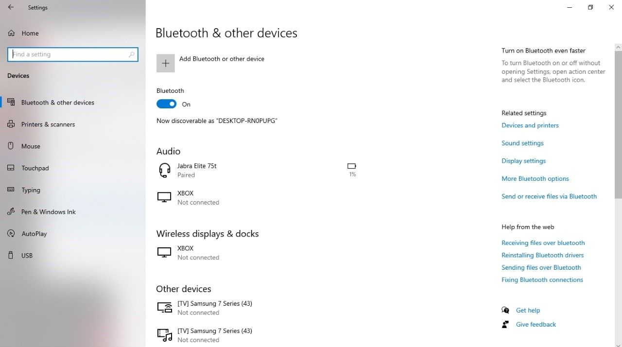 A screenshot of the Bluetooth and Other Devices Settings on Windows