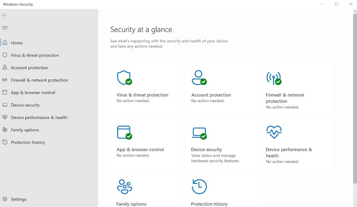 main menu of windows security 