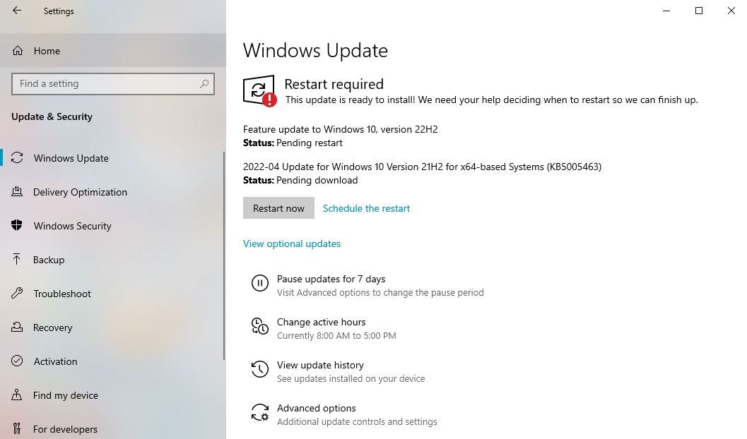 "Restart now" button in the windows update settings menu