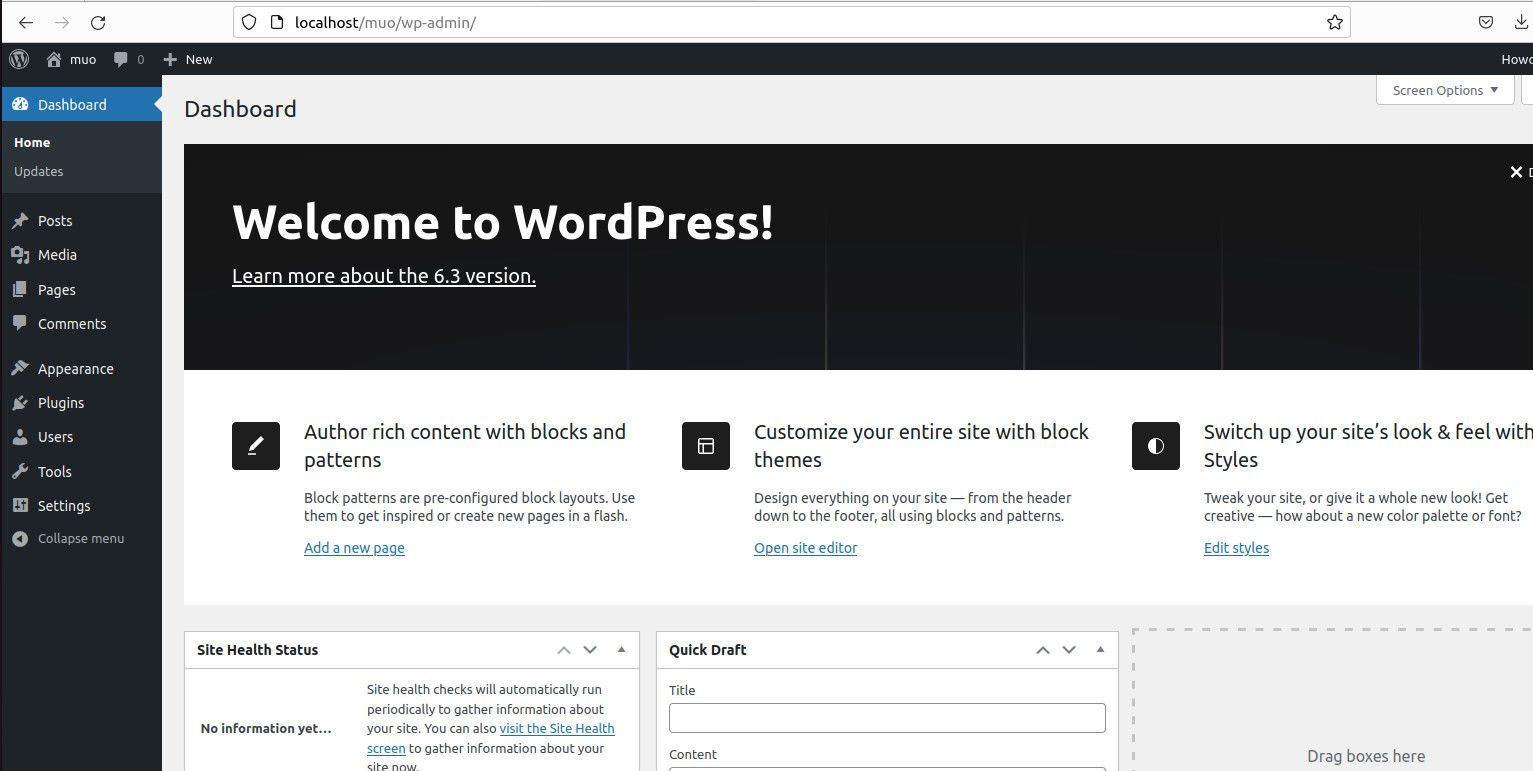 wordpress post install welcome page