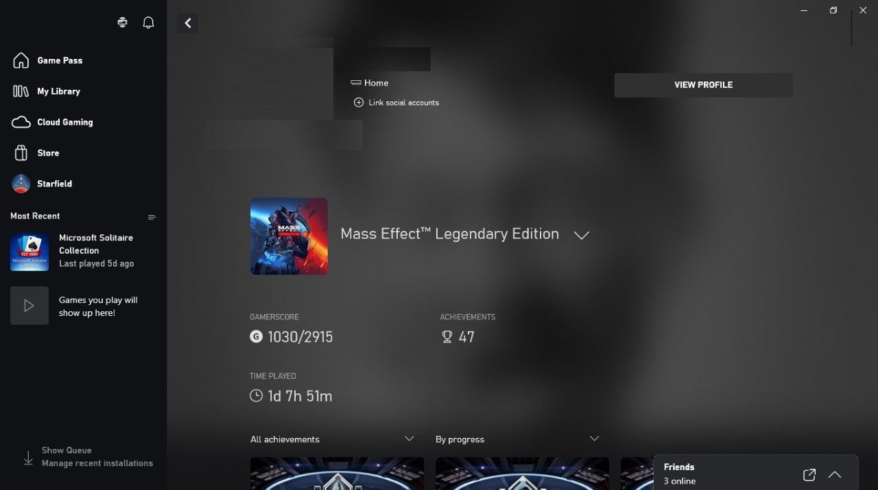 تصویری از آمار بازی Mass Effect Legendary Edition که از اپلیکیشن Xbox برای کامپیوتر گرفته شده است