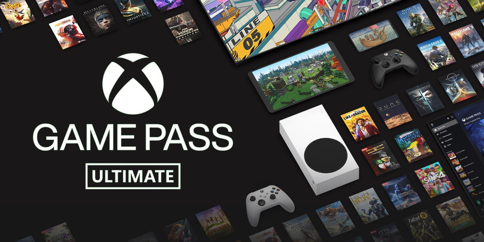 Xbox Game Pass Ultimate Logo Surrounded by Console and Games