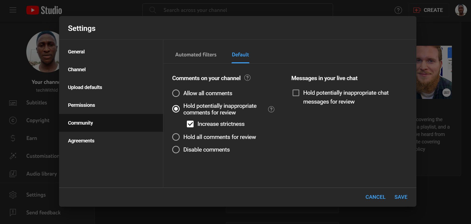 منوی تنظیمات YouTube Studio-1