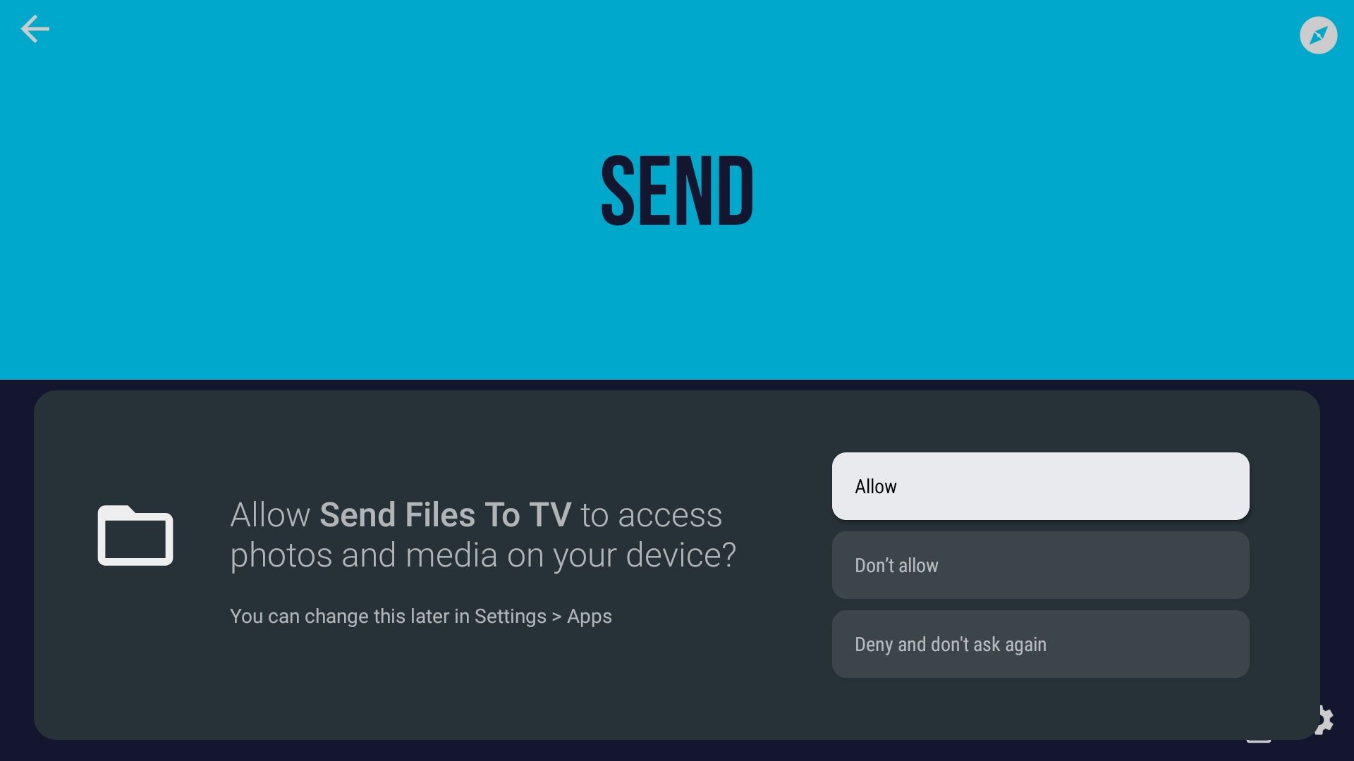 Conceder permissão ao aplicativo Enviar arquivos para TV no Google TV