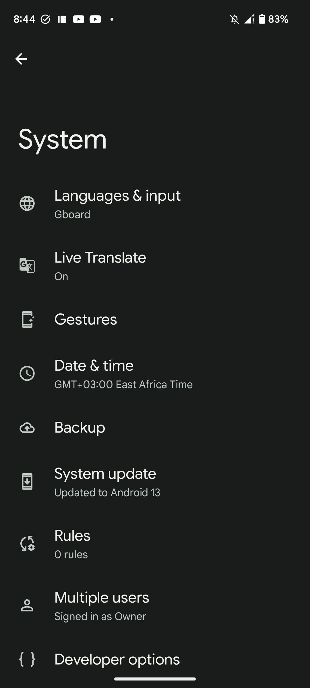 System settings page in Android 